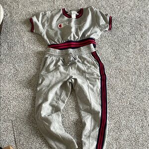 Champion Women’s Gray Sweatpants and Crop Set with Red and Blue Trim